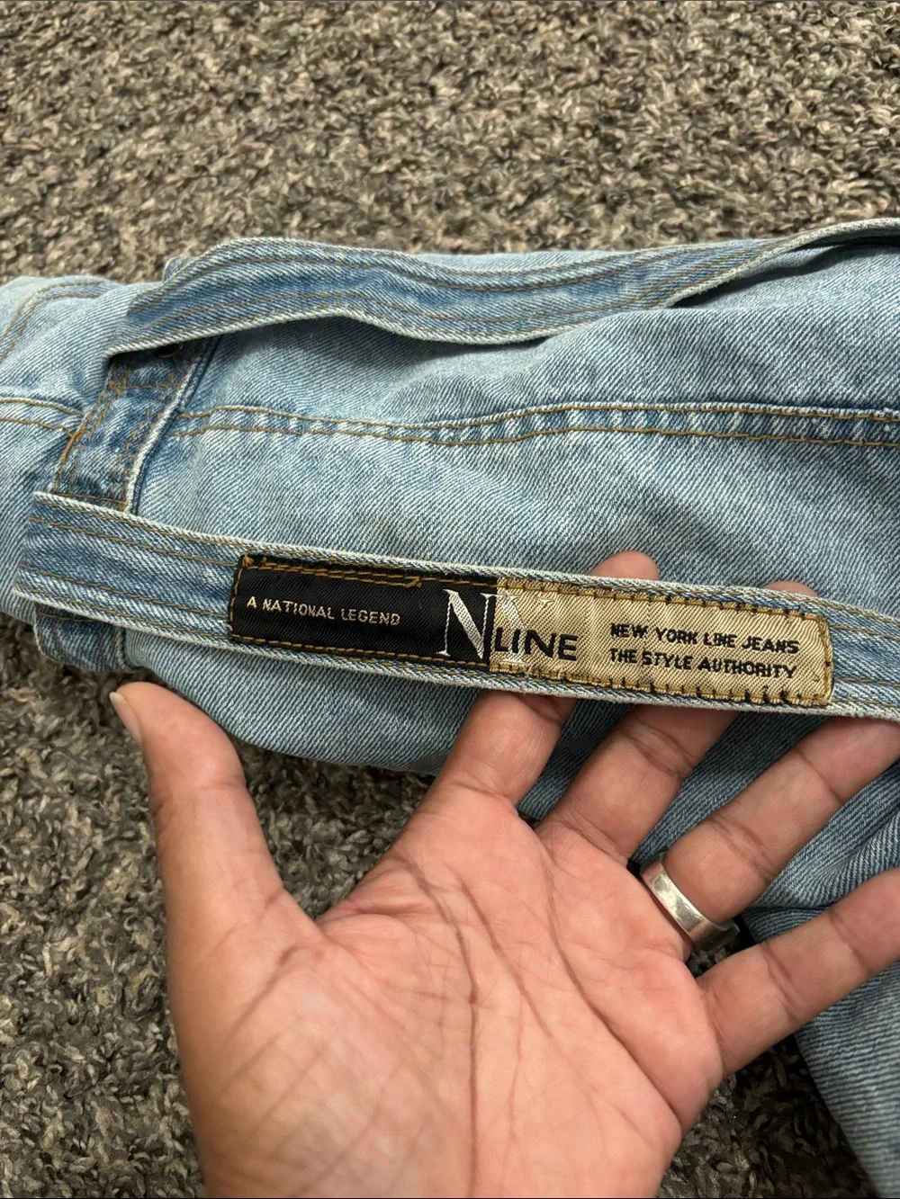 NY Line Denim Jean Cinch Napsack Backpack large boho vintage 90s school summer